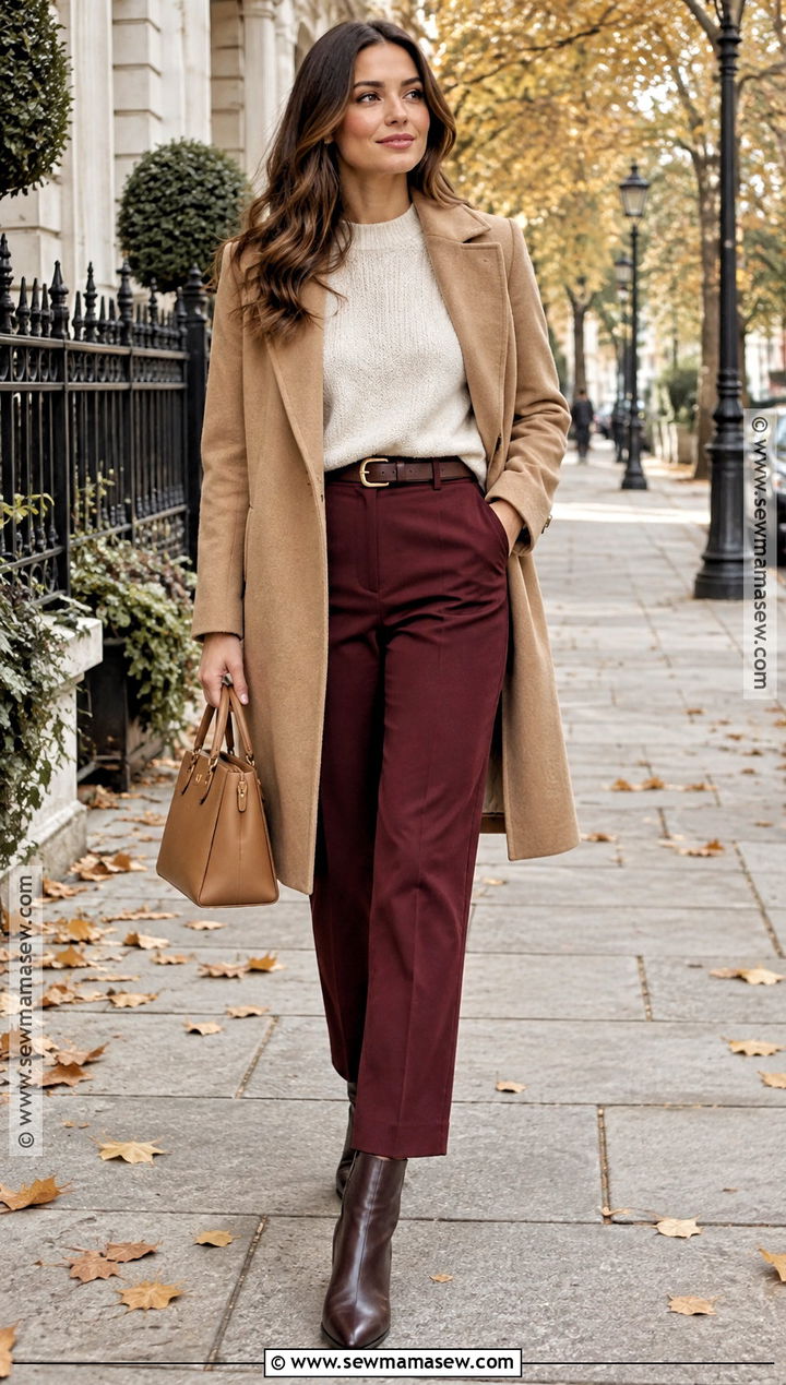 Burgundy Pants With Cream Sweater and Brown Boots - 25 Autumn Outfits Pants