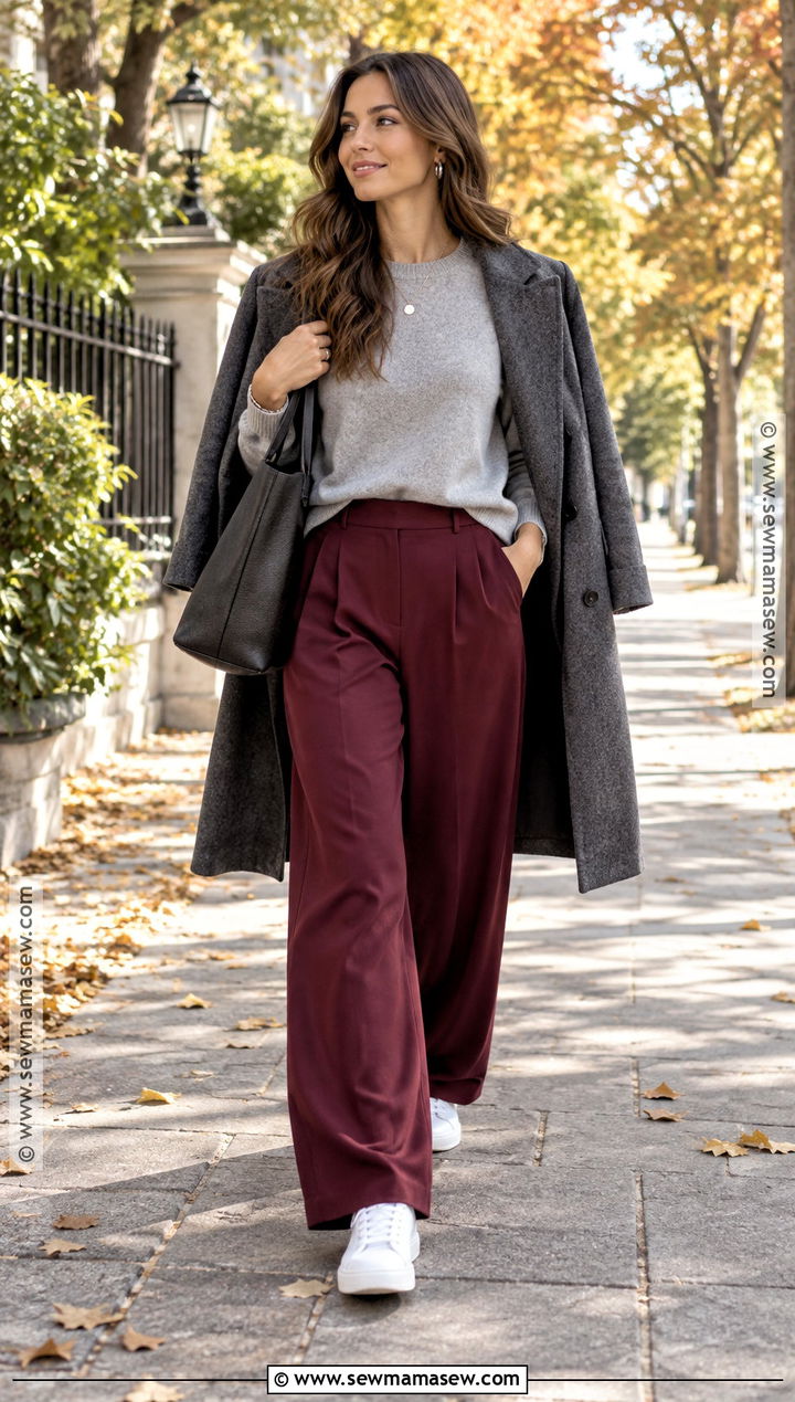 Burgundy Pants With Gray Sweater And Sneakers - 15 burgundy fall outfits 2026