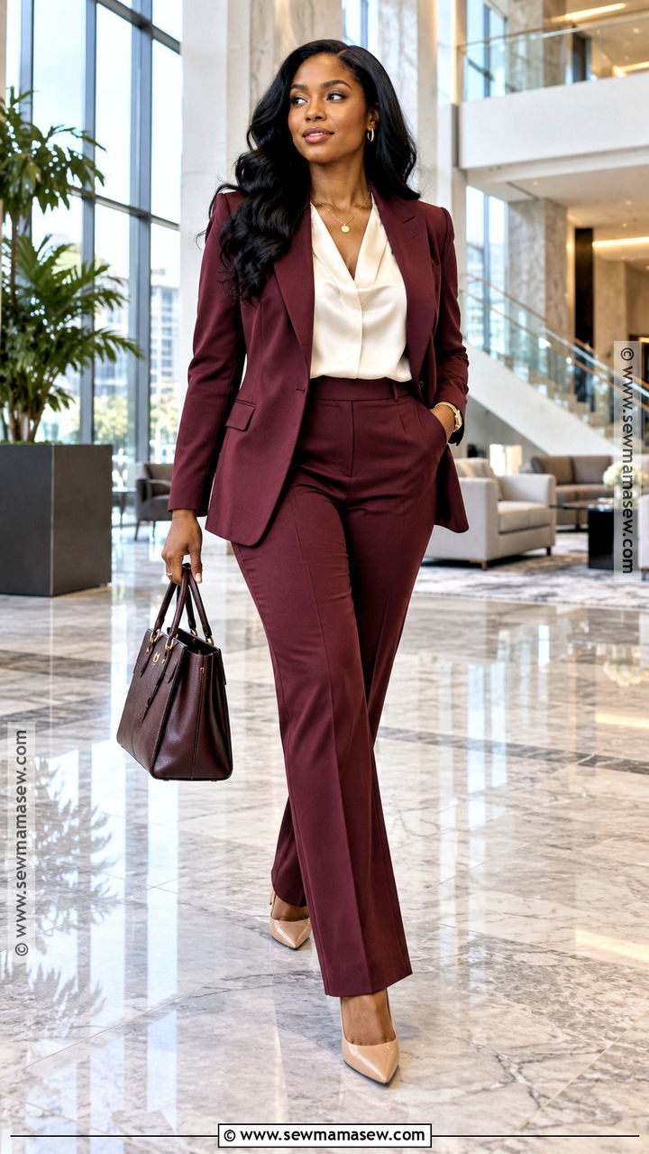 Burgundy Pantsuit Corporate Fall Outfit - 20 Corporate Fall Outfits for Women