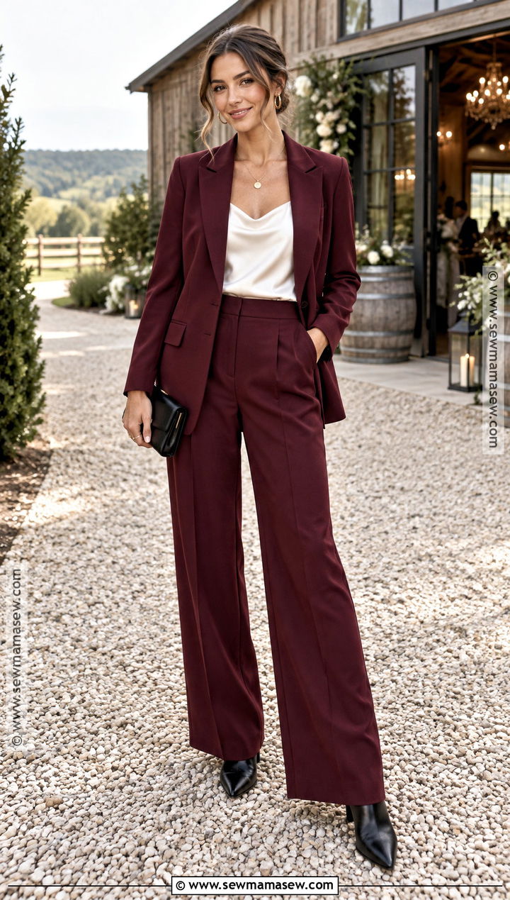 Burgundy Pantsuit Country Wedding Guest Outfit - 15 country fall wedding outfit guest ideas