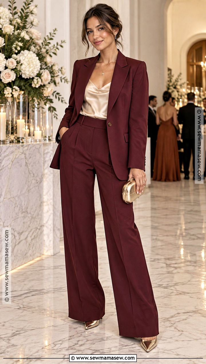 Burgundy Pantsuit Fall Wedding Guest Outfit - 15 Wedding Outfit Fall Guest Ideas