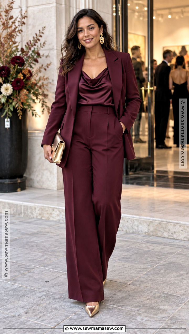 Burgundy Pantsuit Fall Wedding Guest Outfit - 15 Trendy Fall Wedding Guest Outfit Ideas