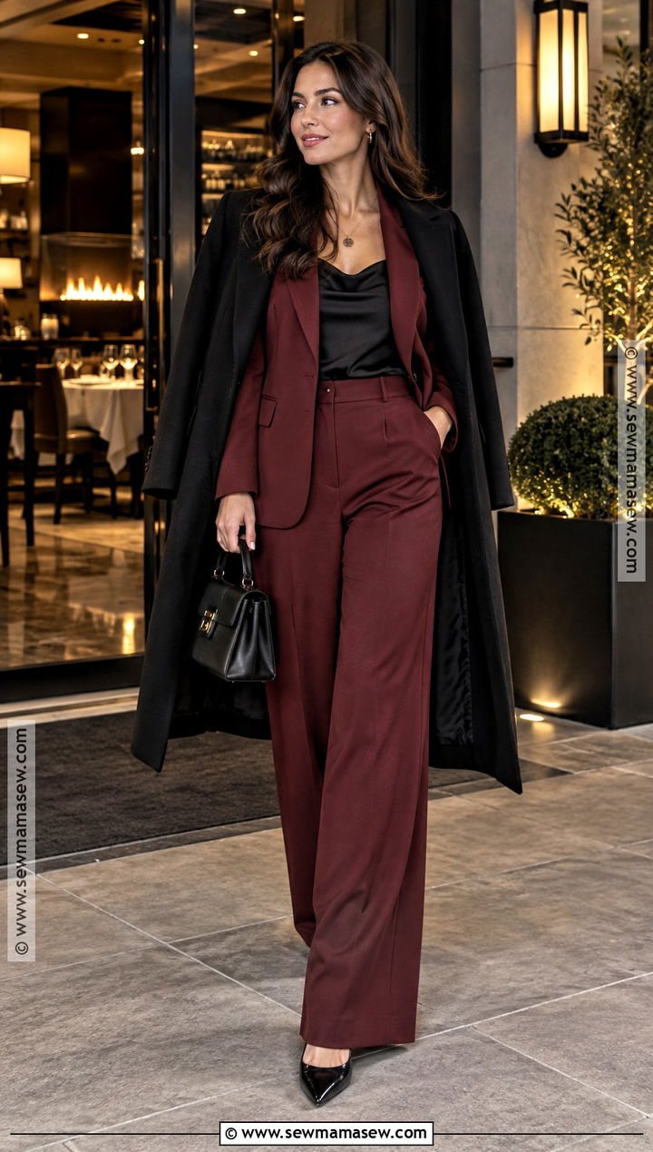 Burgundy Pantsuit Steakhouse Dinner Outfit - 20 Steakhouse Dinner Outfit Fall Ideas for Women