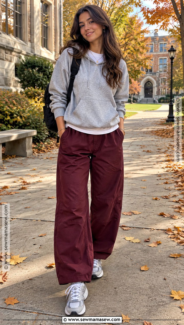 Burgundy Parachute Pants With Gray Hoodie - 15 Fall Outfits Parachute Pants