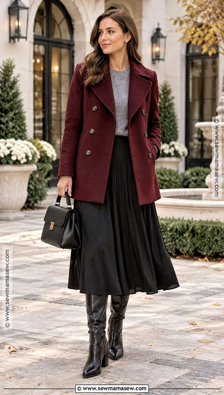 Burgundy Peacoat Outfit - 15 cute fall coats