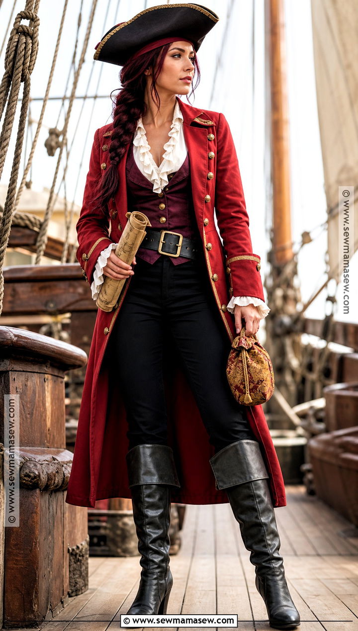 Burgundy Pirate Captain Costume With Black Boots - 30 dark red hair halloween costumes
