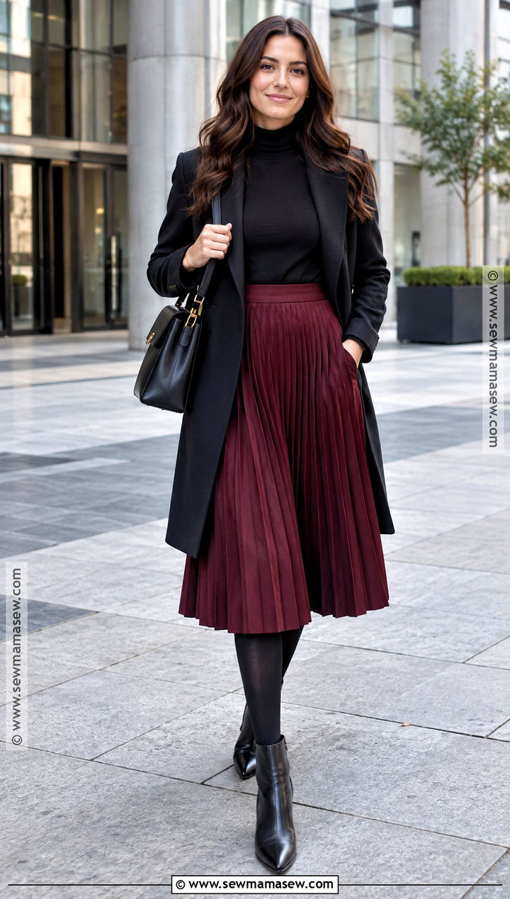 Burgundy Pleated Skirt With Black Turtleneck - 25 burgundy skirt outfit fall ideas