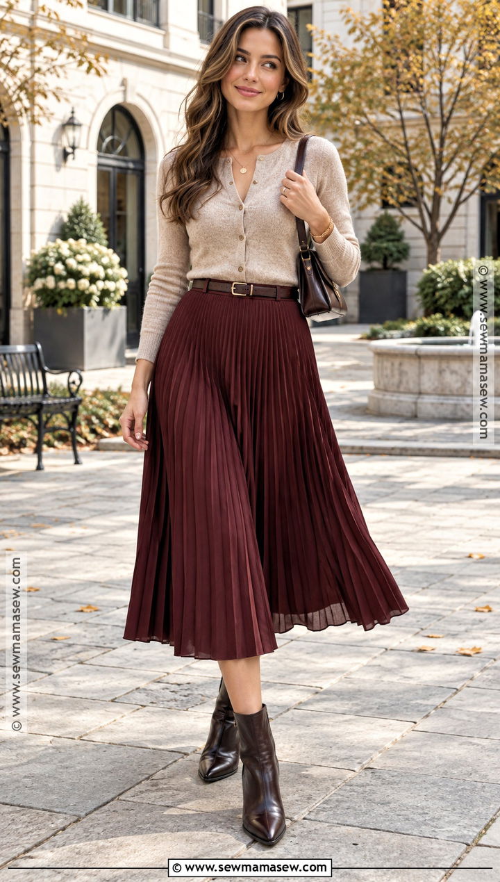 Burgundy Pleated Skirt With Cardigan - 25 burgundy fall outfits