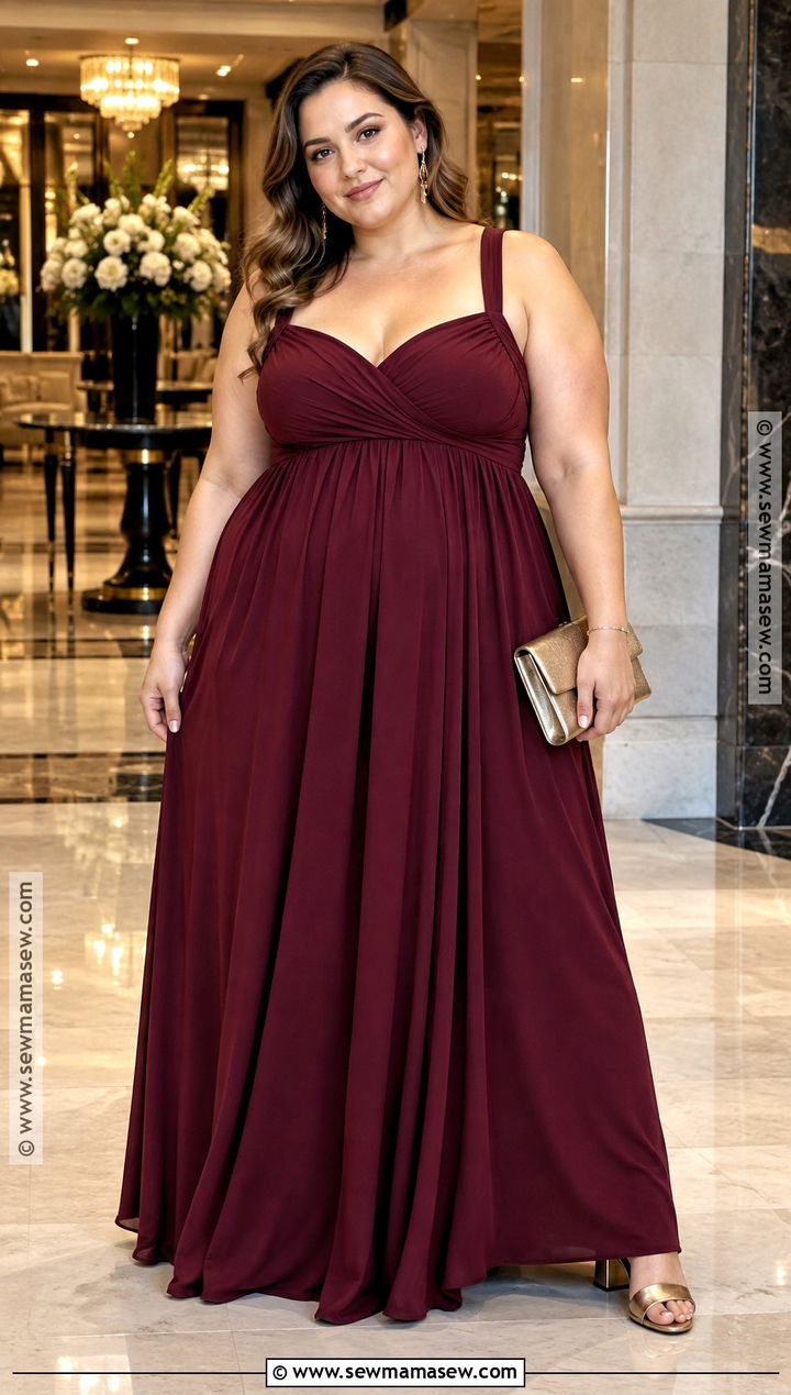 Burgundy Plus Size Empire Waist Gown - 25 black tie wedding guest dress fall ideas