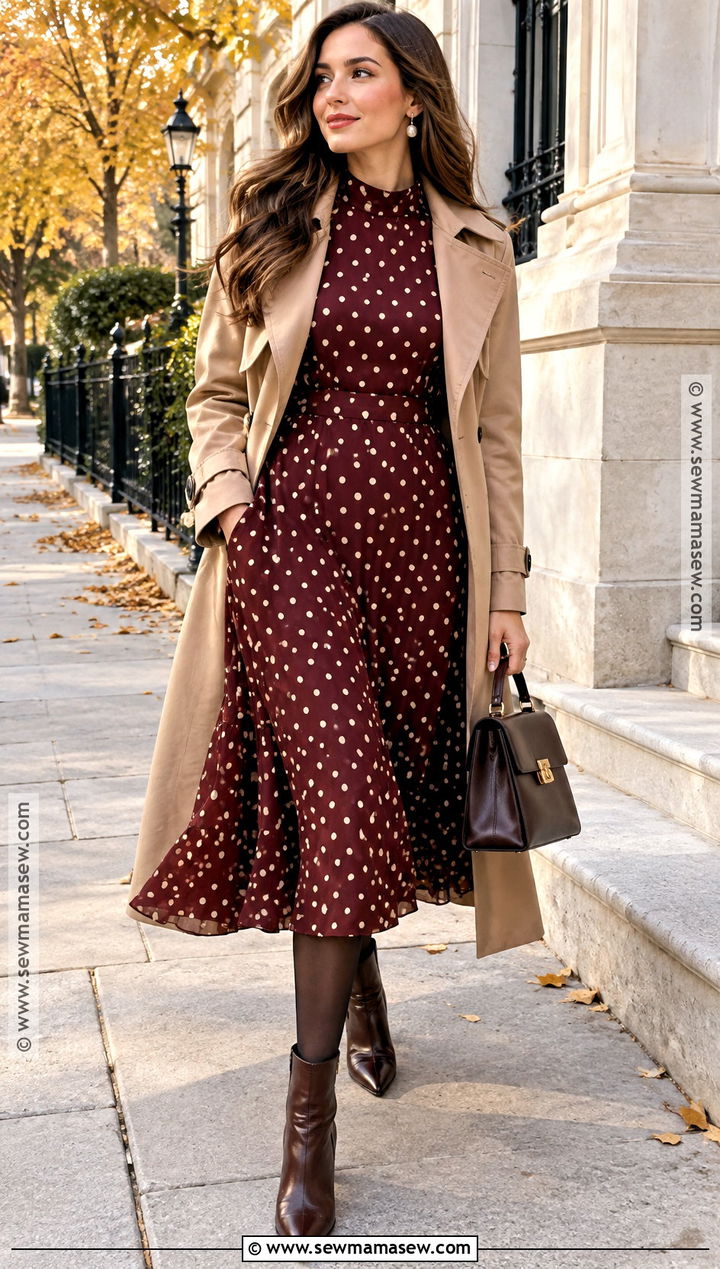 Burgundy Polka Dot Dress With A Trench Coat - 15 autumn polka dot dress ideas