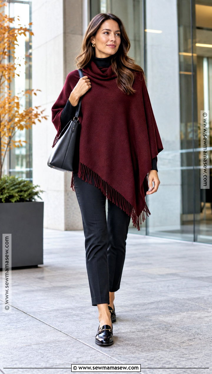 Burgundy Poncho With Black Pants And Loafers - 15 autumn color poncho ideas