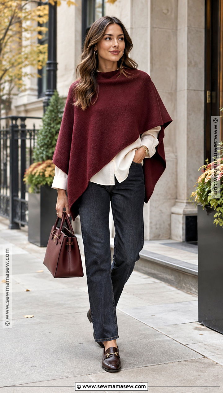 Burgundy Poncho With Dark Jeans And Loafers - 15 fall fashion poncho style ideas