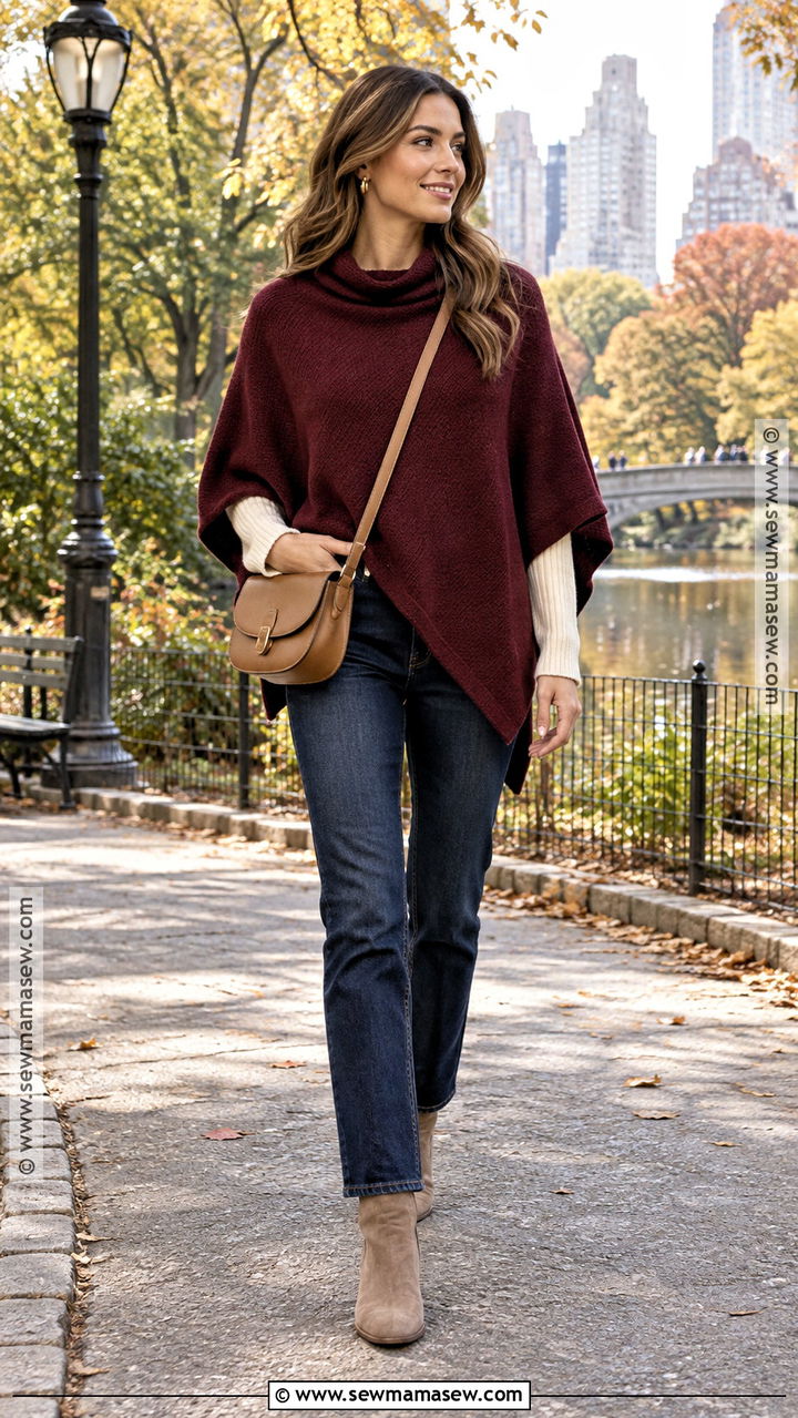 Burgundy Poncho With Dark Jeans And Suede Boots - 20 fall poncho ideas
