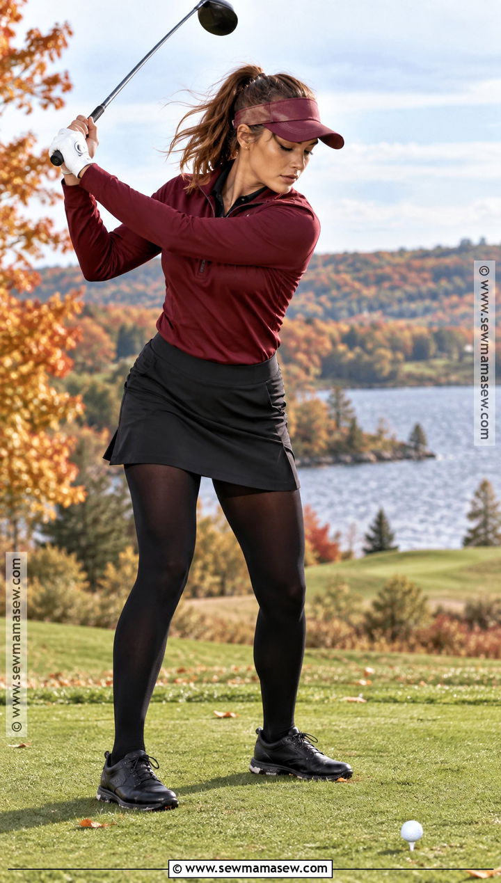 Burgundy Quarter Zip And Black Skort Fall Golf Outfit - 25 fall golf outfit ideas for women