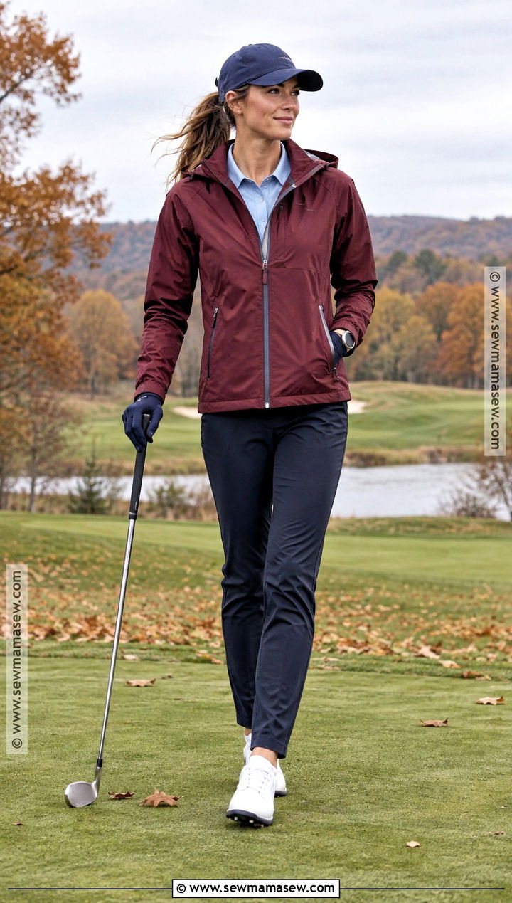 Burgundy Rain Jacket And Navy Golf Pants - 15 fall golf attire ideas