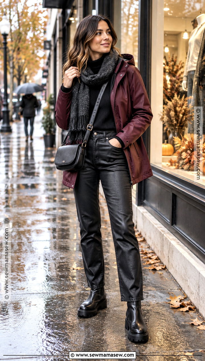 Burgundy Rain Jacket With Black Coated Jeans And Lug Boots - 15 fall outfits for rainy days