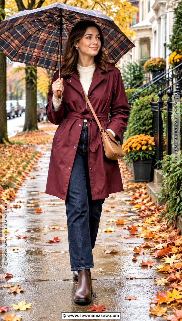 Burgundy Raincoat And Cream Sweater Fall Outfit - 20 fall outfits rainy day
