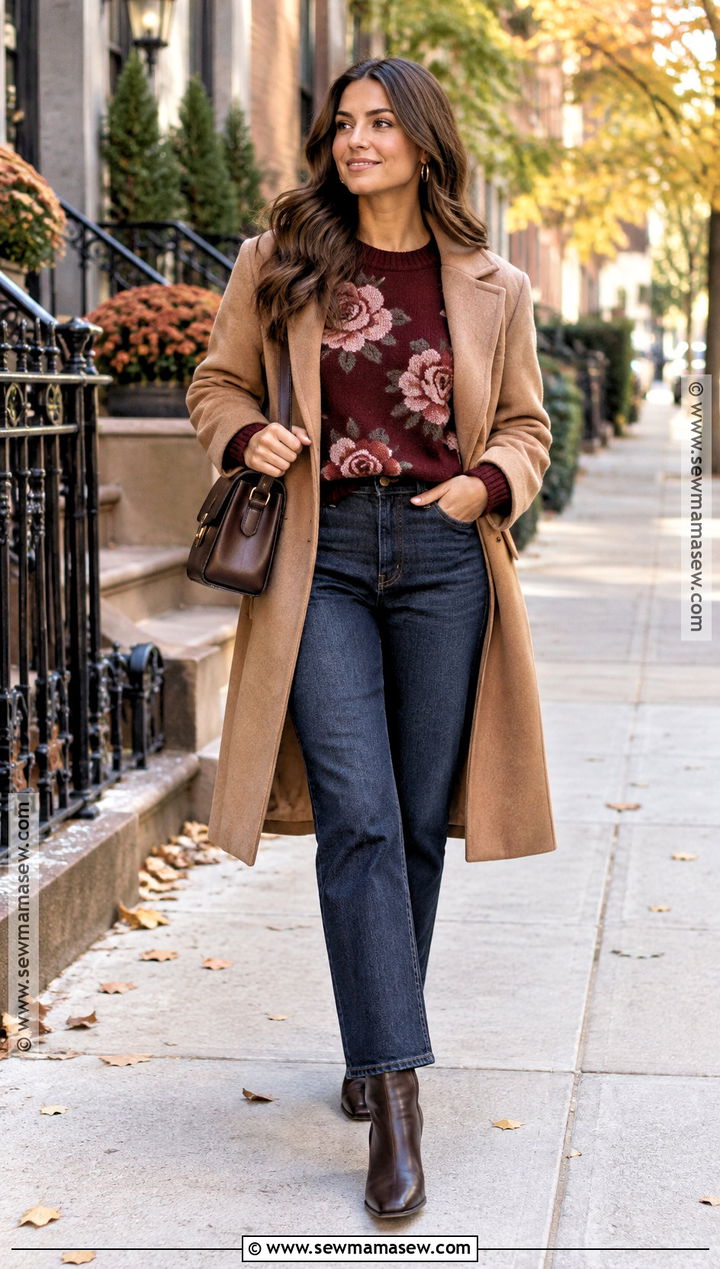 Burgundy Rose Floral Sweater Outfit - 15 autumn floral sweater design ideas
