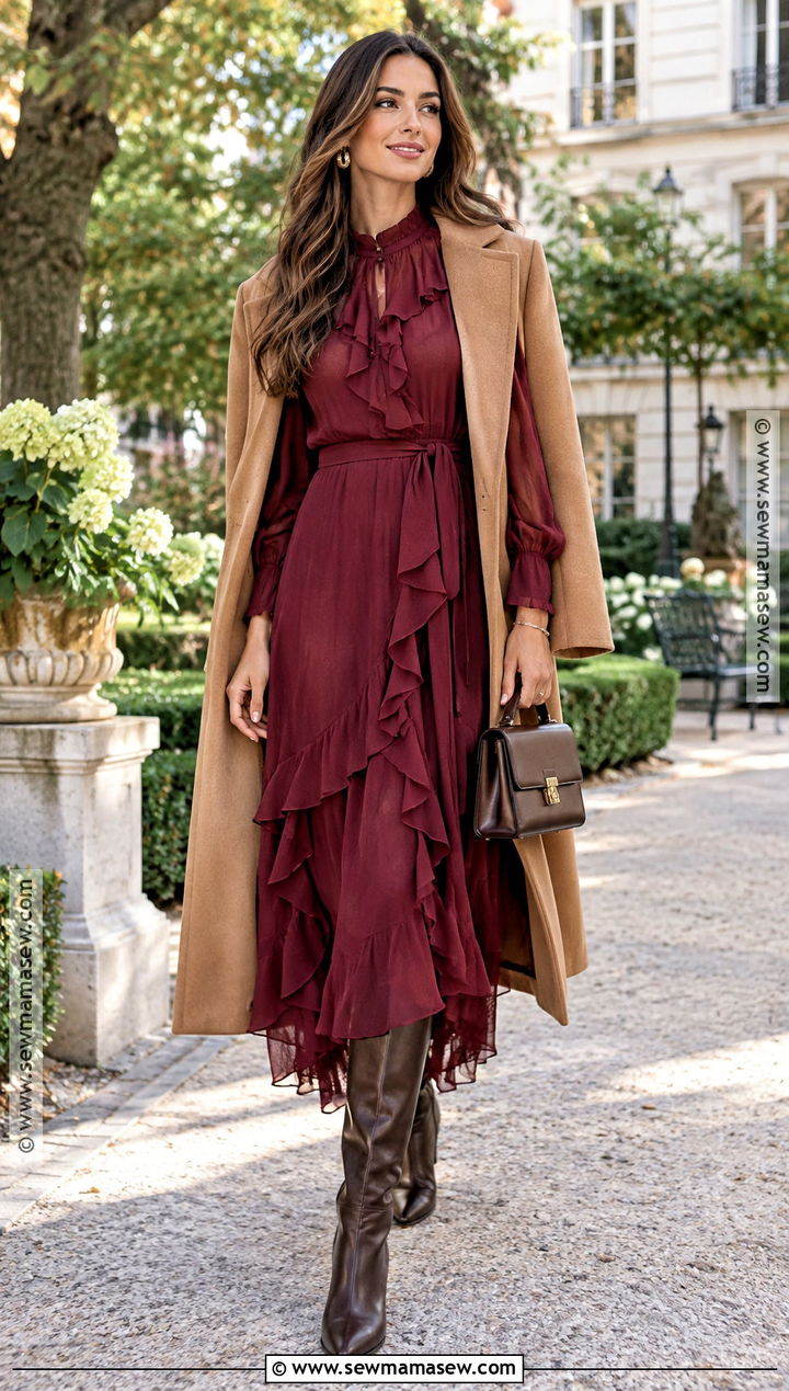 Burgundy Ruffle Dress With Tall Boots - 15 Boho Fall Dress Ideas