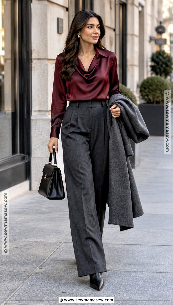 Burgundy Satin Blouse With Wide Leg Trousers - 15 Fall Tops 2026