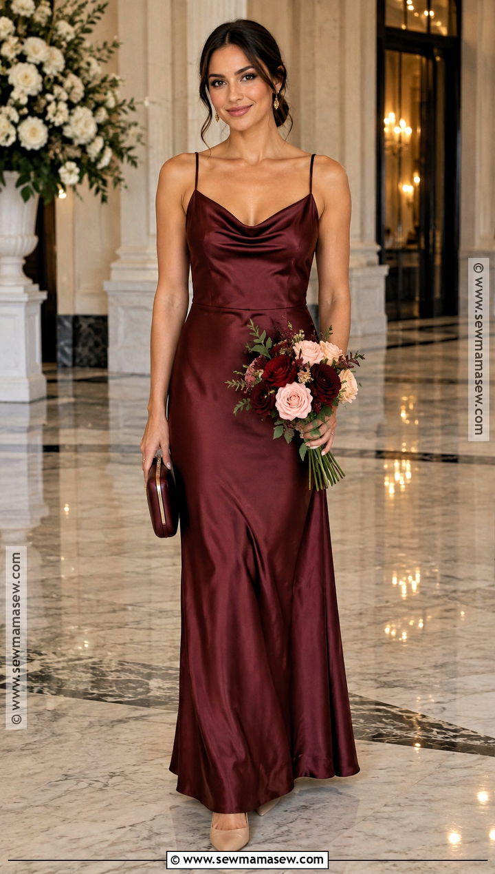 Burgundy Satin Bridesmaid Dress With Nude Pumps - 15 fall bridesmaid dresses mismatched jewel tones