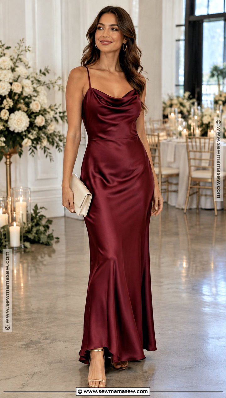 Burgundy Satin Cowl Neck Bridesmaid Dress - 20 fall bridesmaid dresses burgundy