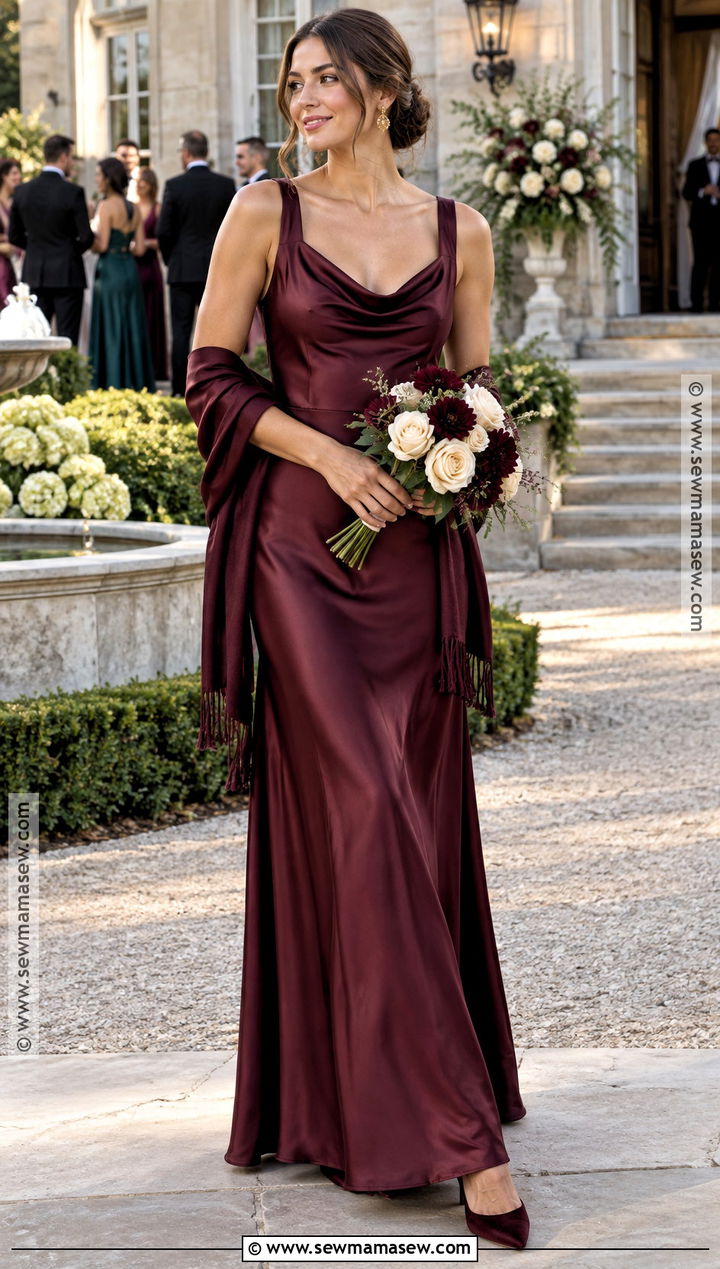 Burgundy Satin Cowl Neck Bridesmaid Dress - 20 september bridesmaid dresses