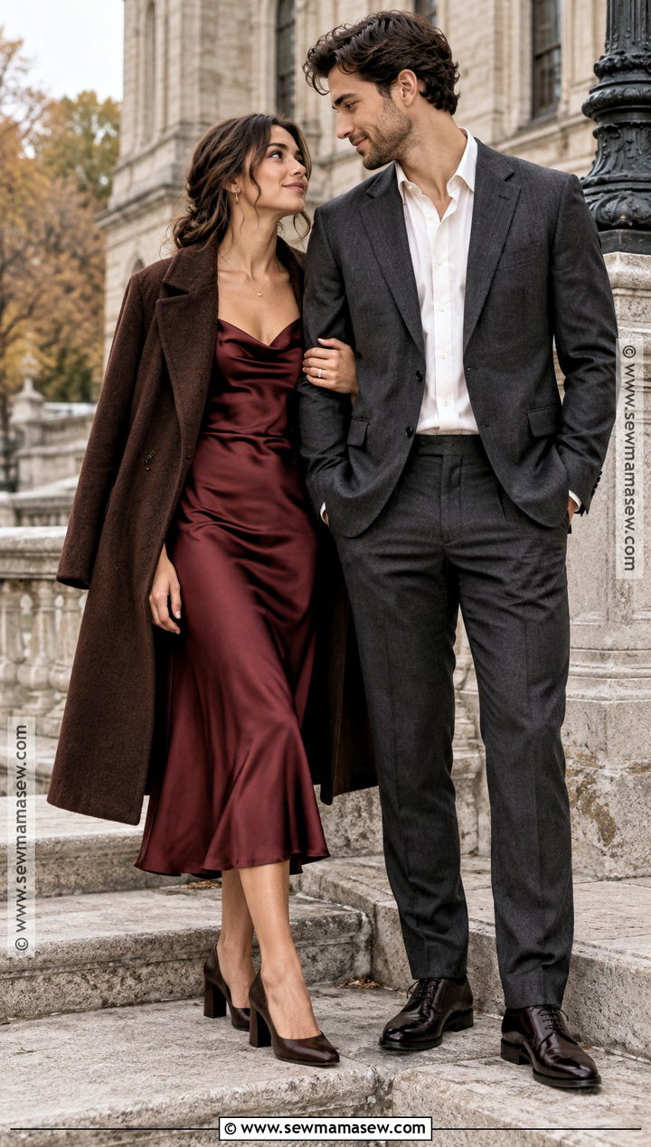 Burgundy Satin Dress Engagement Shoot Outfit - 15 engagement shoot fall outfits