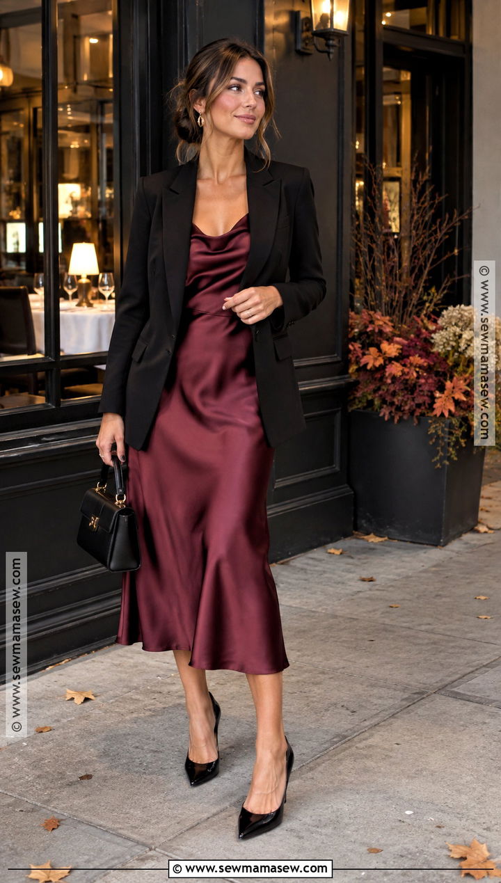 Burgundy Satin Dress Fall Dinner Outfit - 15 dressy dinner outfit fall ideas