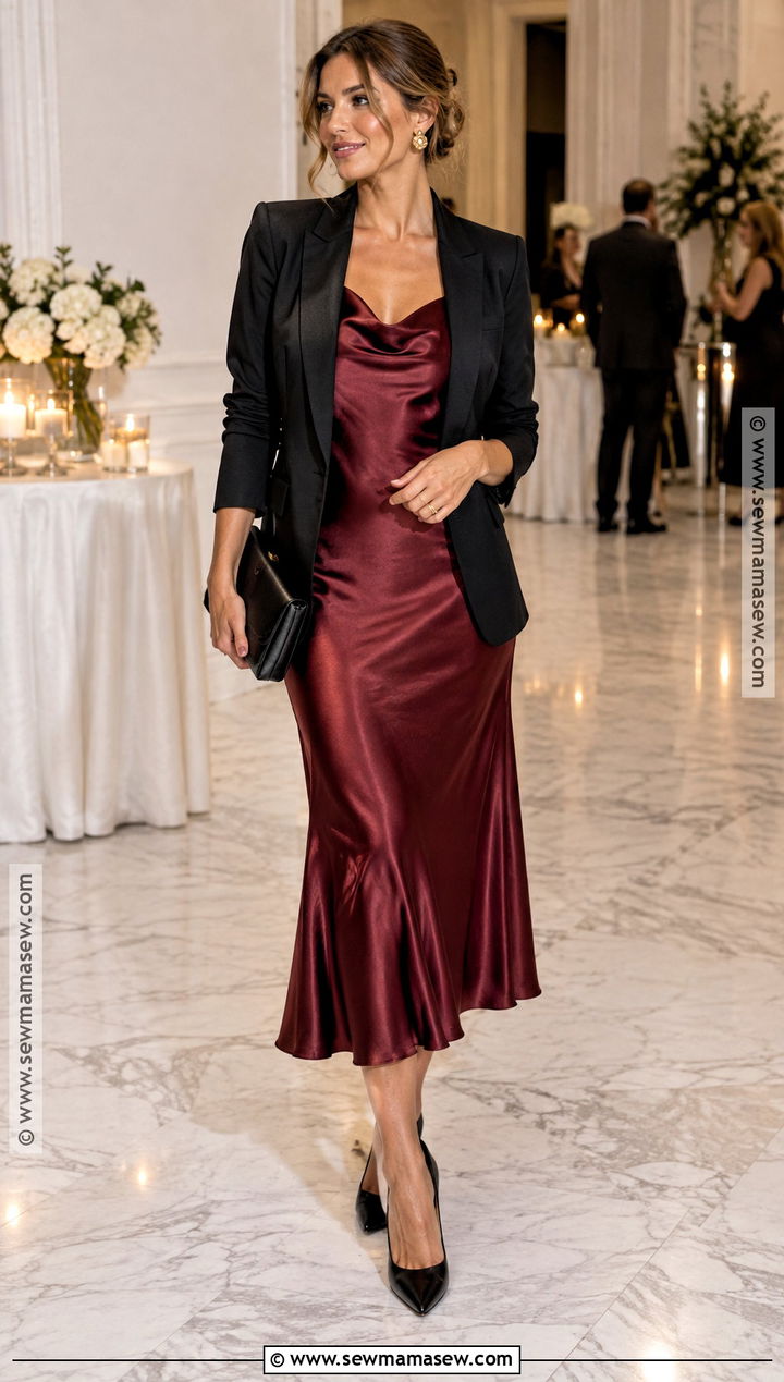 Burgundy Satin Dress Fall Party Outfit - 20 party fall outfits