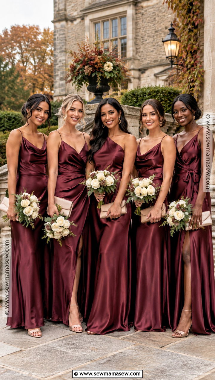 Burgundy Satin Fall Bridal Party Outfit - 20 fall bridal party attire ideas