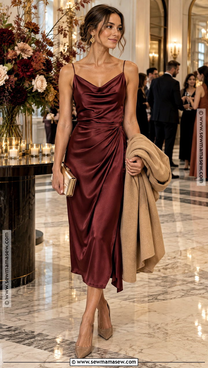 Burgundy Satin Fall Wedding Guest Dress - 15 fall semi formal dresses wedding guest