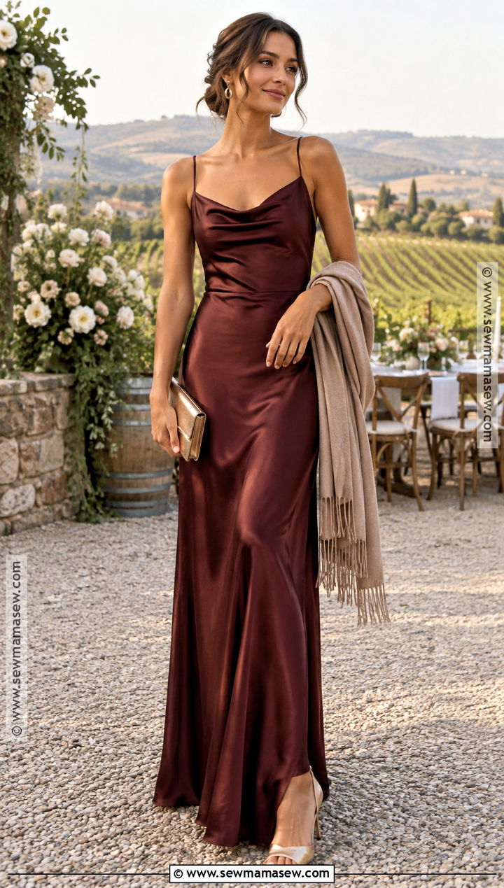 Burgundy Satin Long Dress Wedding Guest Outfit - 15 Long Dress Wedding Guest Fall Ideas