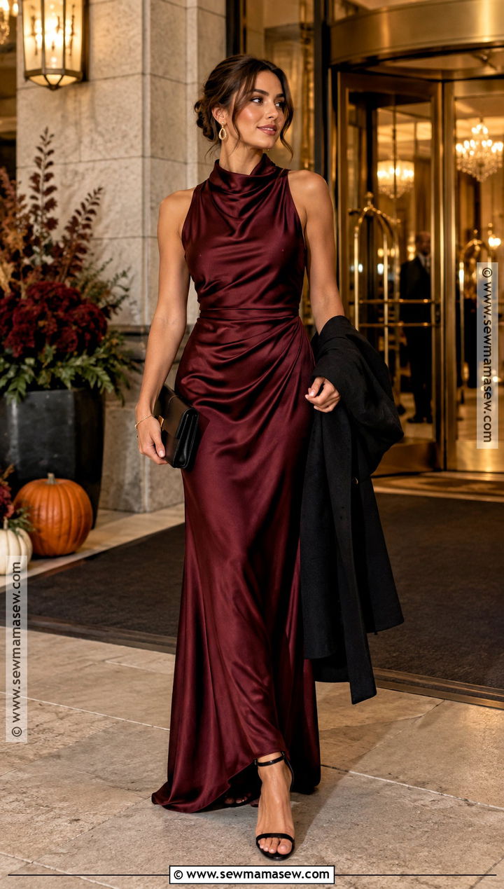 Burgundy Satin Maxi Fall Wedding Guest Dress - 25 fall wedding guest dress october formal ideas