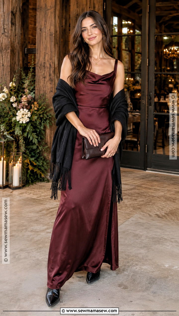 Burgundy Satin Maxi Western Wedding Guest Outfit - 15 fall wedding guest outfit western ideas