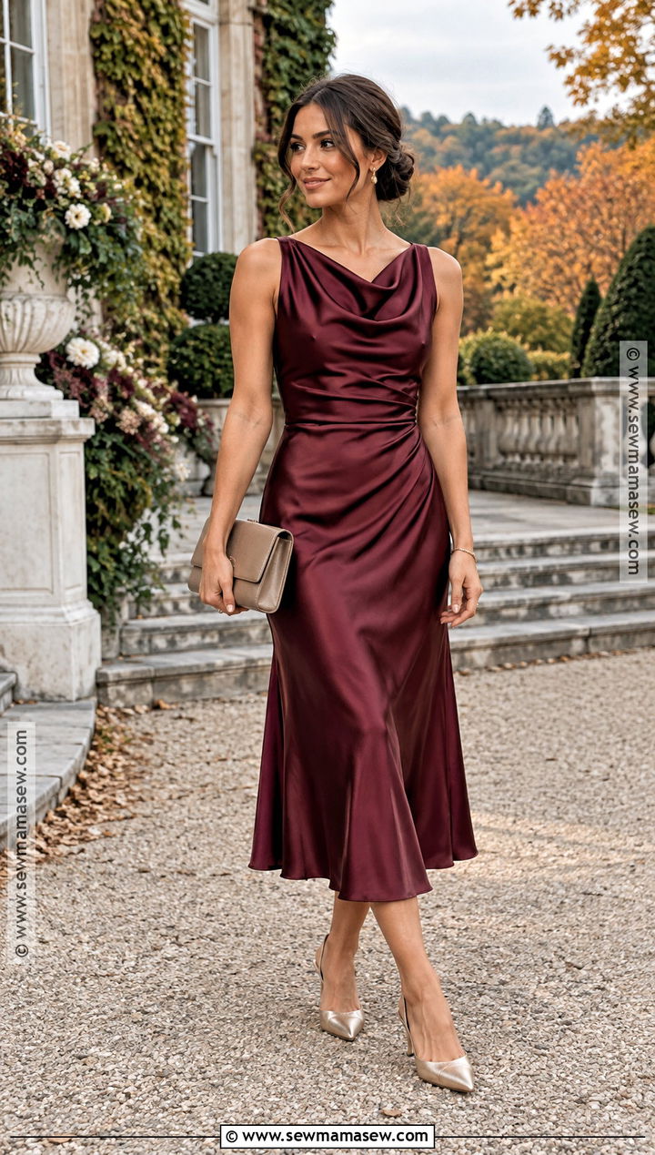 Burgundy Satin Midi Dress - 15 fall dresses for wedding guests