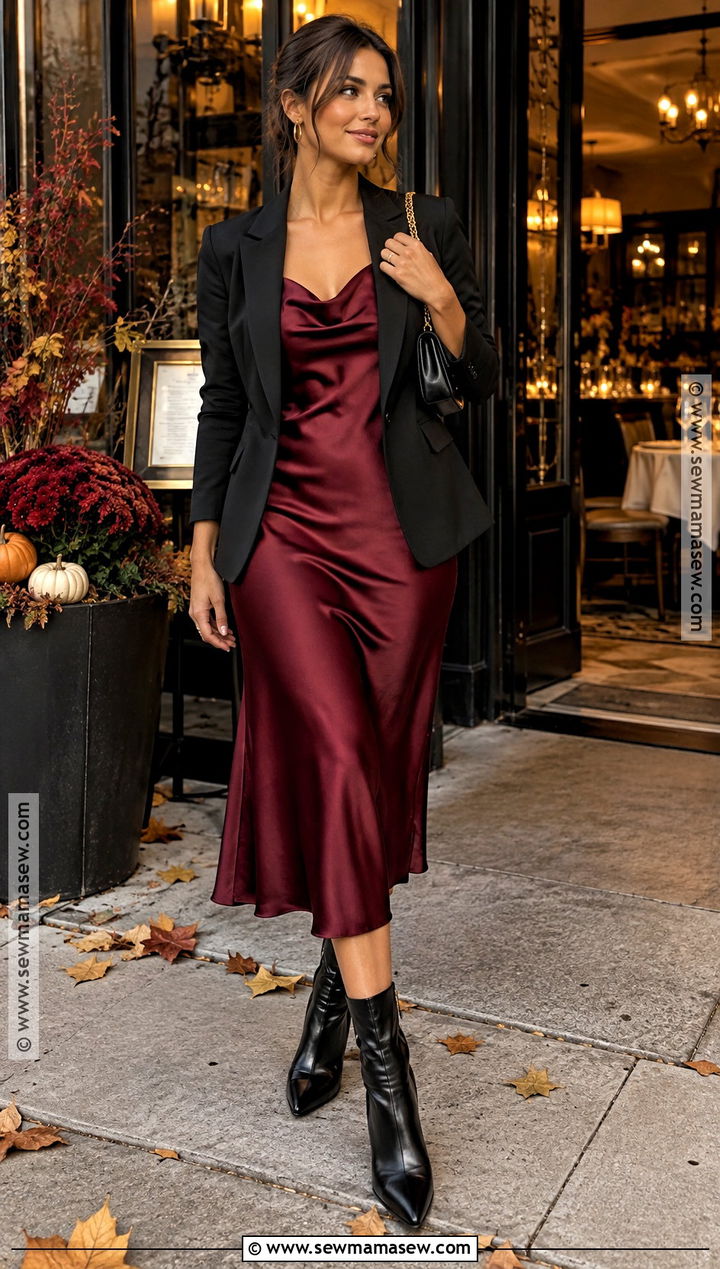 Burgundy Satin Midi Dress Birthday Outfit - 15 Fall Bday Party Outfits