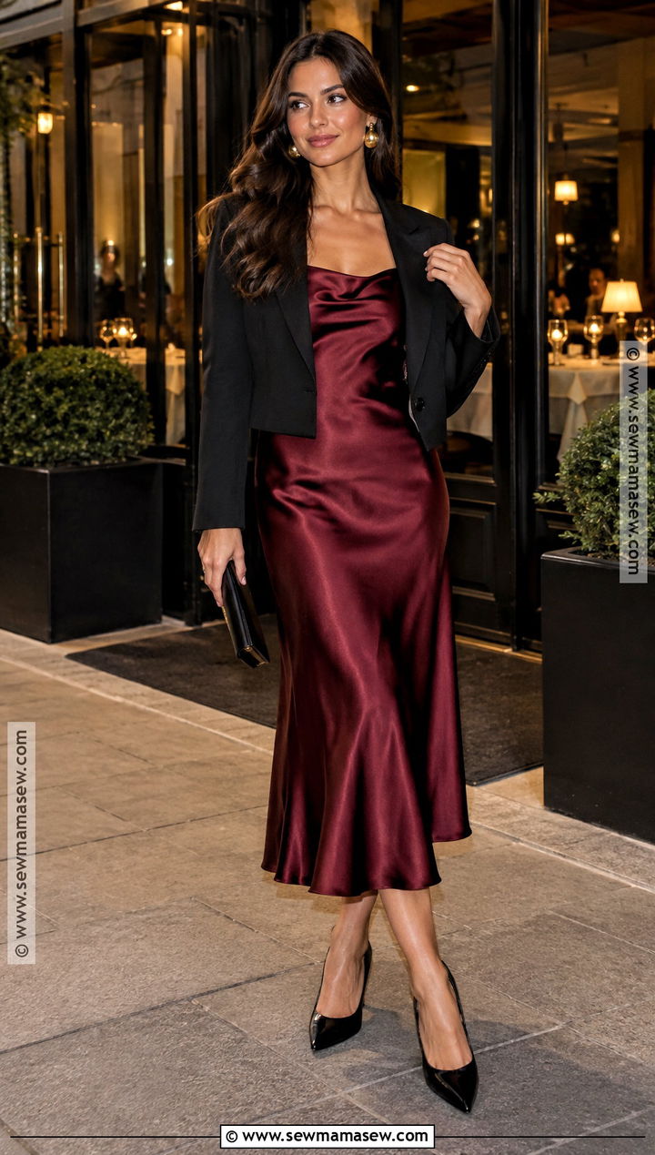 Burgundy Satin Midi Dress Birthday Outfit - 25 fall birthday outfits