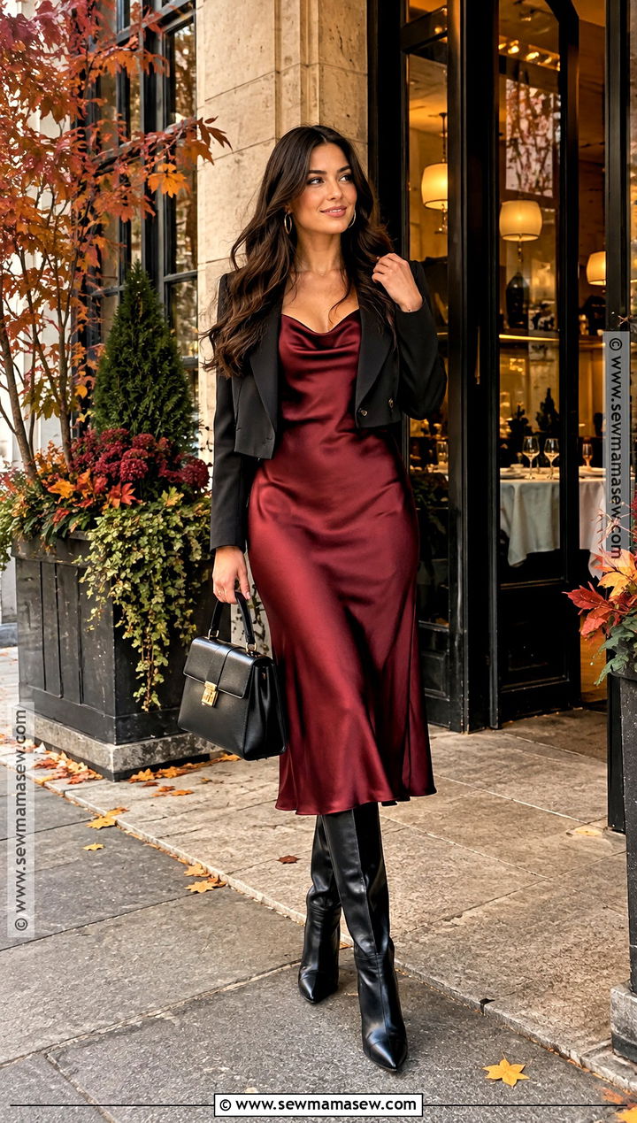 Burgundy Satin Midi Dress Fall Birthday Outfit - 20 Fall Birthday Fits