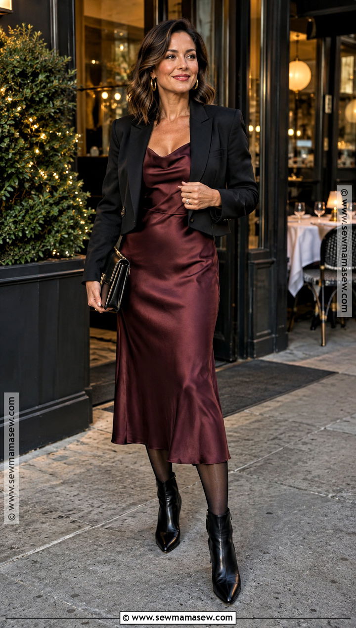 Burgundy Satin Midi Dress Fall Birthday Outfit - 15 40th birthday outfits for women fall