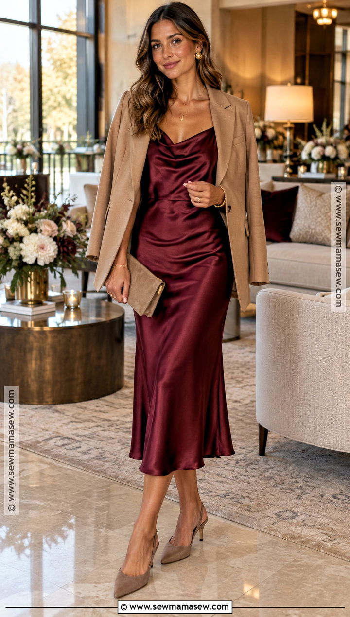 Burgundy Satin Midi Dress Fall Bridal Shower Outfit - 15 bridal shower outfit for guest fall ideas
