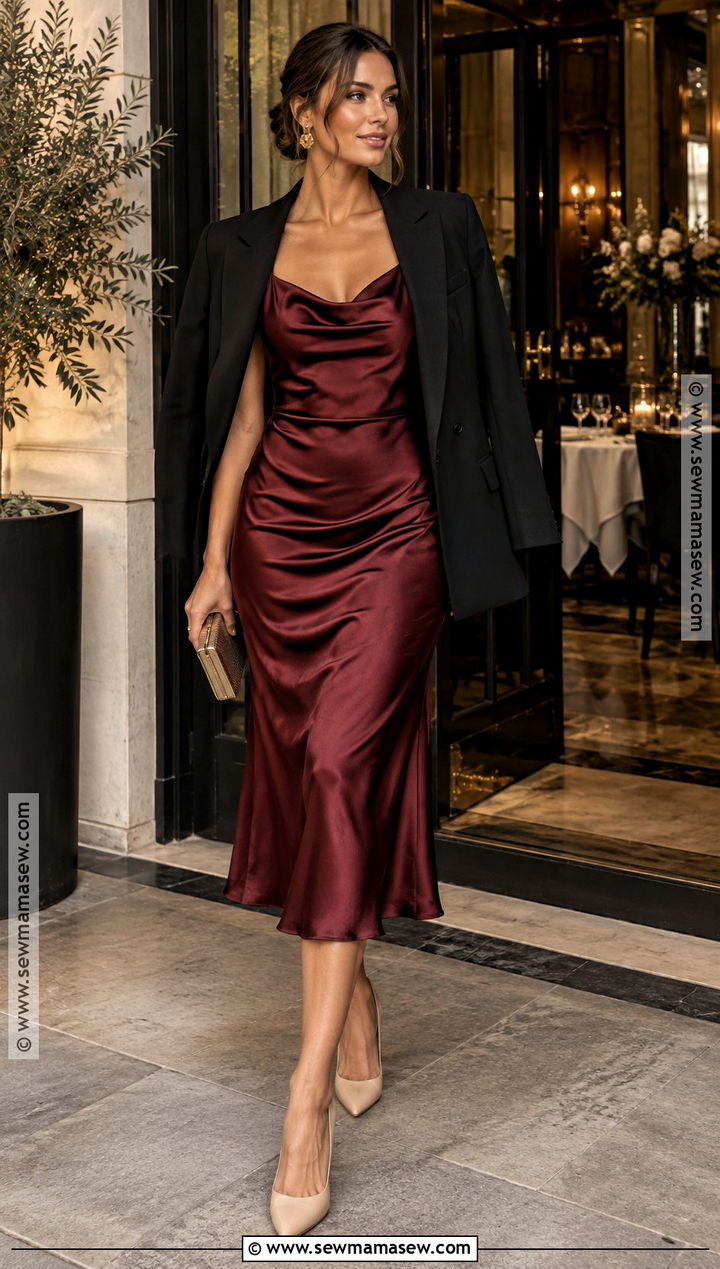 Burgundy Satin Midi Dress Fall Rehearsal Outfit - 20 fall wedding rehearsal outfit ideas