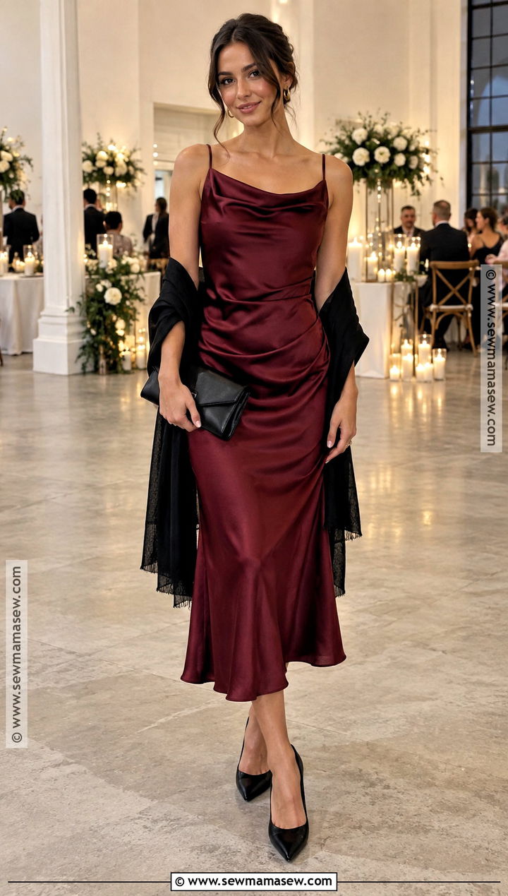 Burgundy Satin Midi Dress Fall Wedding Outfit - 15 Fall Wedding Outfits For Women Guest