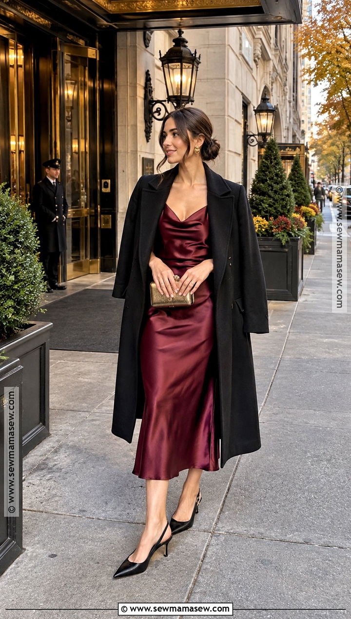 Burgundy Satin Midi Dress For A New York Fall Wedding - 15 new york fall wedding guest outfit ideas