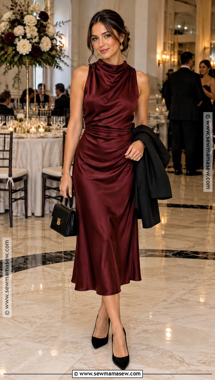 Burgundy Satin Midi Dress For October Wedding - 15 october wedding party attire ideas