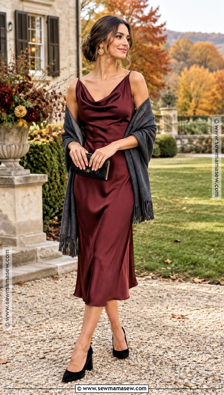 Burgundy Satin Midi Dress Outdoor Fall Wedding Guest Outfit - 25 outdoor fall wedding guest outfit ideas