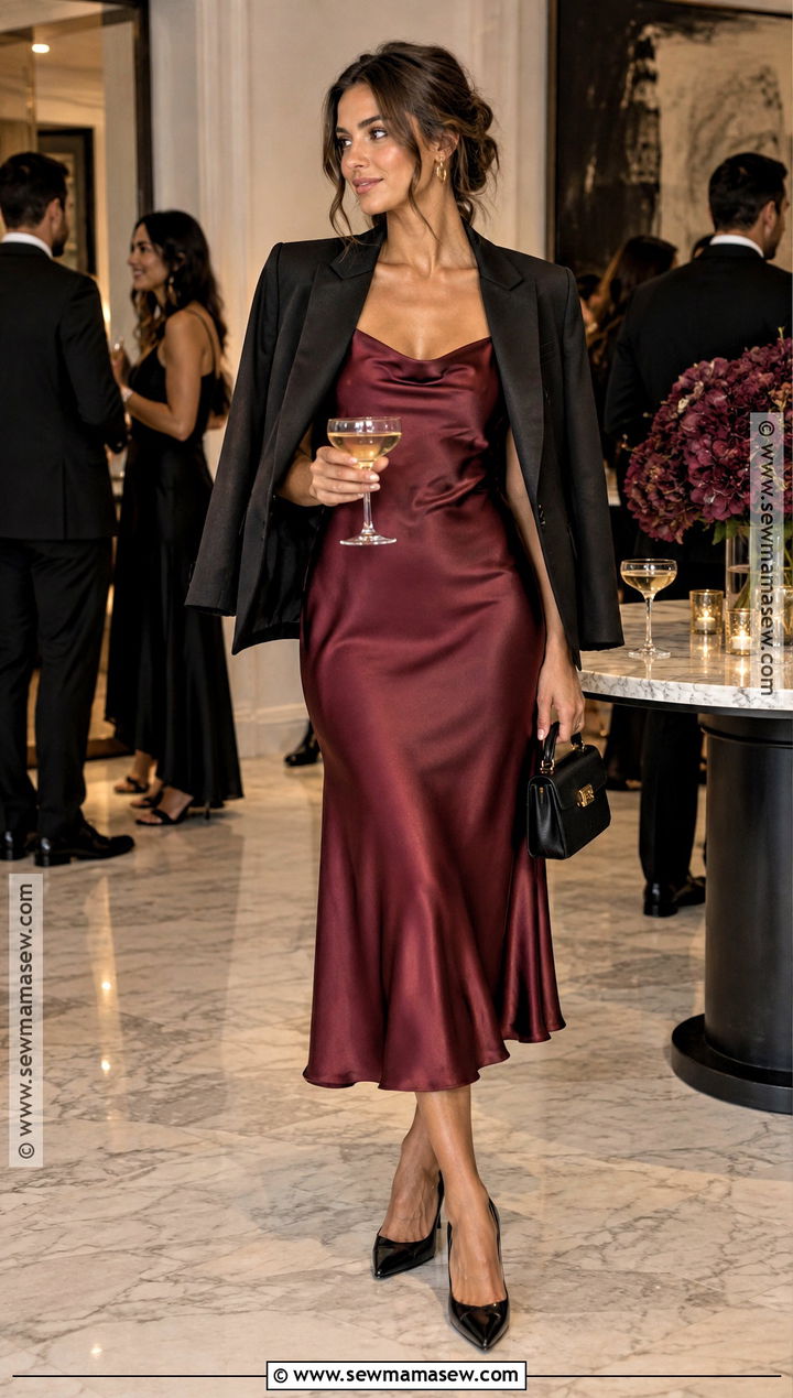 Burgundy Satin Midi Dress Party Outfit - 20 Party Autumn Outfit Ideas