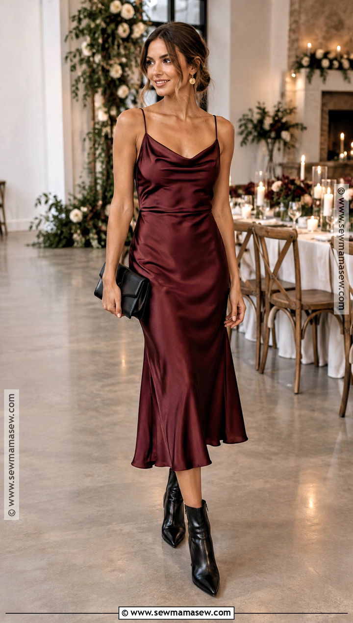 Burgundy Satin Midi Dress With Black Ankle Boots - 20 Fall Wedding Guest Dress With Boots