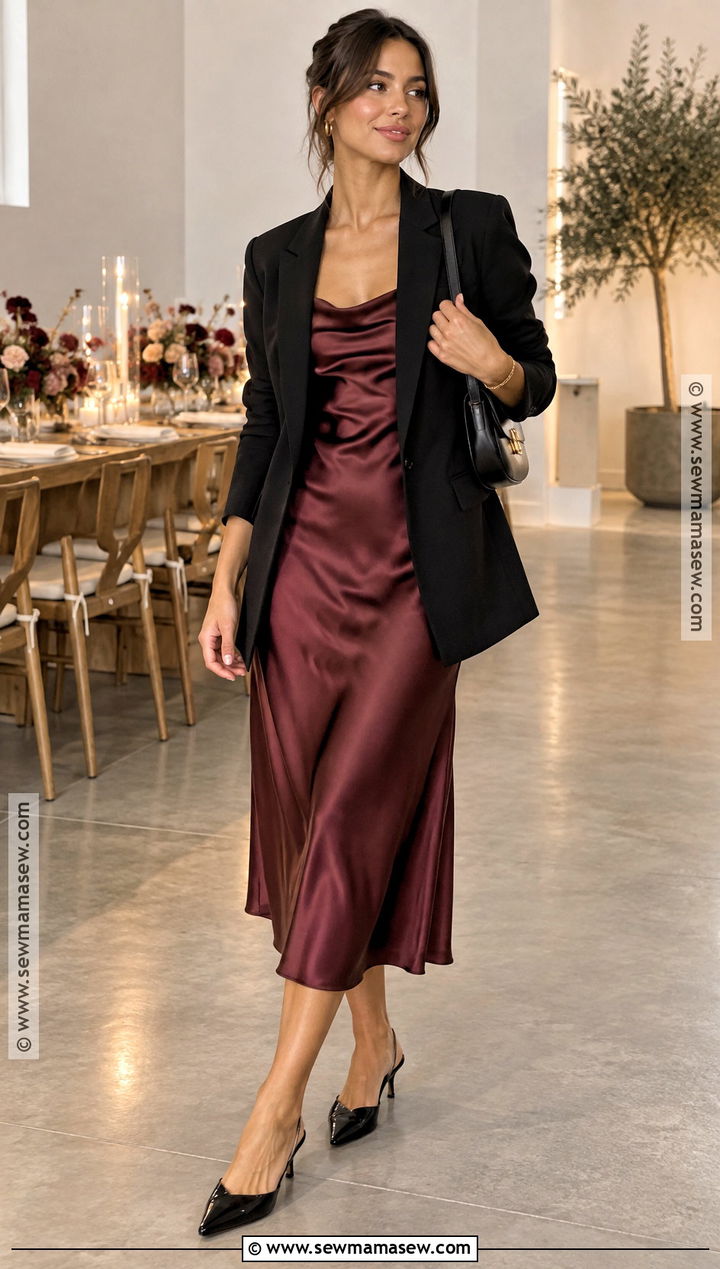 Burgundy Satin Midi Dress With Black Blazer - 15 Burgundy Dress Fall Fashion Ideas