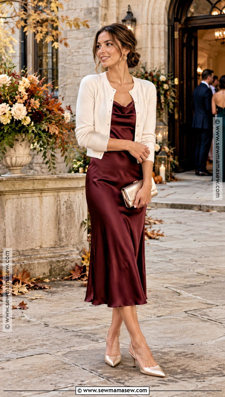 Burgundy Satin Midi Dress With Cream Cardigan - 15 Fall Wedding Guest Dress With Sweater Ideas